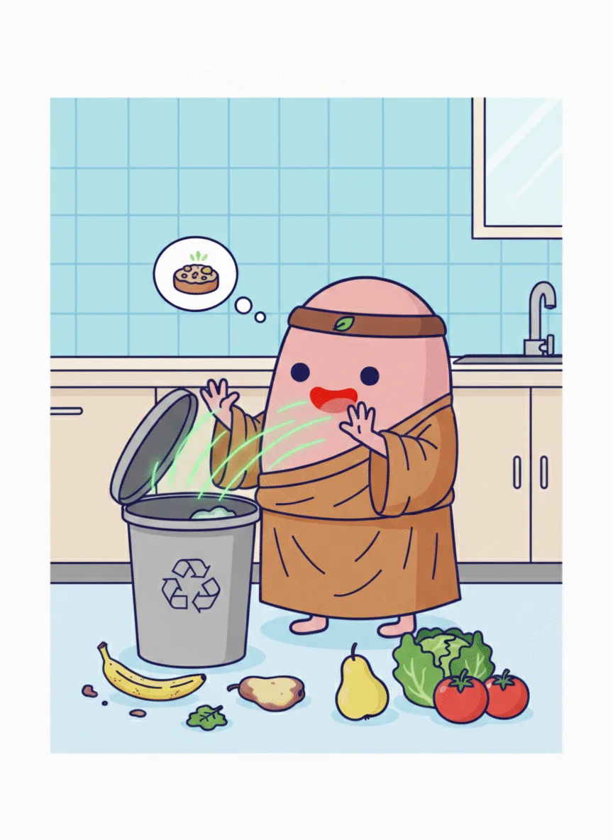 Illustrated character meditating peacefully surrounded by fresh vegetables and zero-waste kitchen items